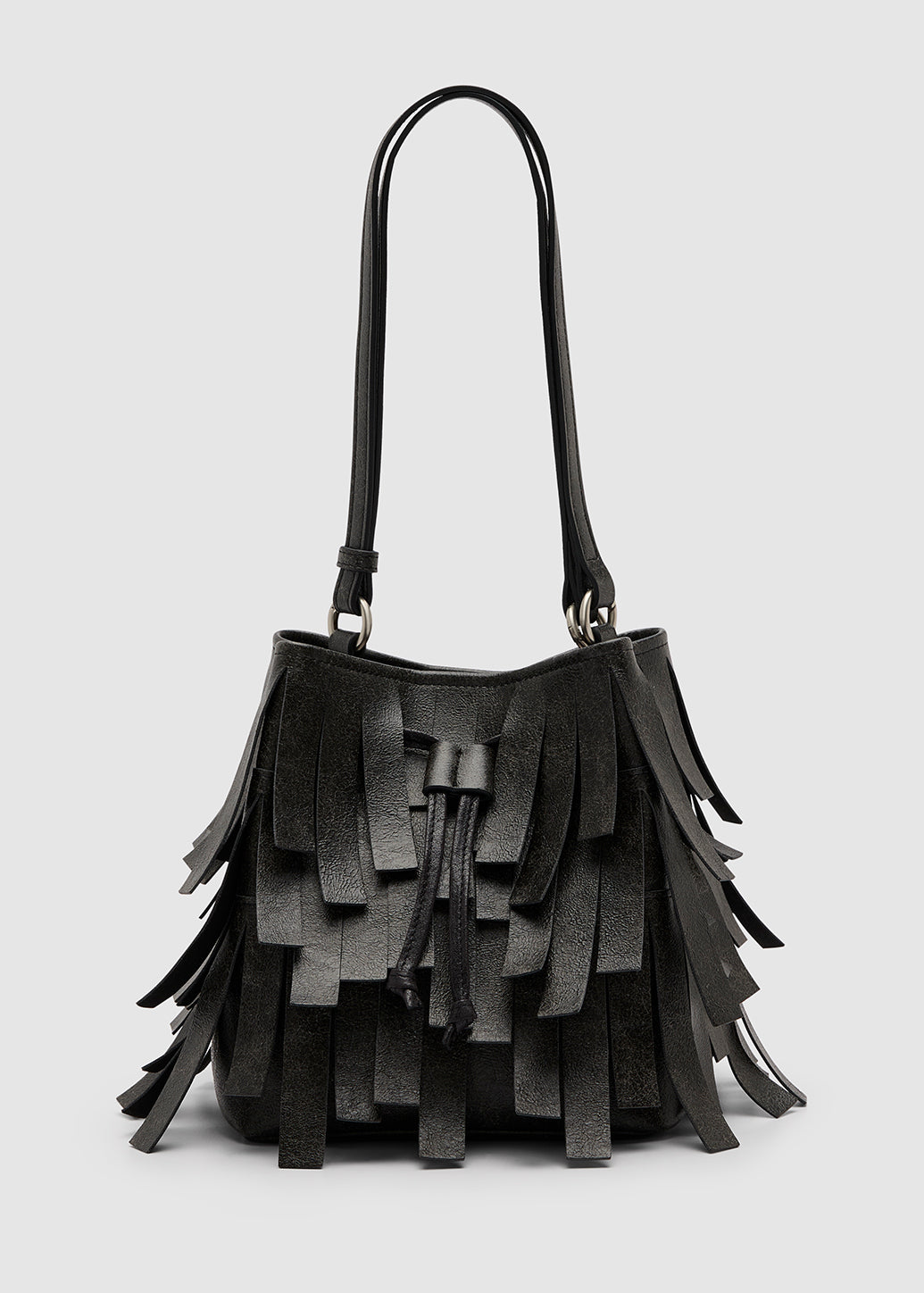 BLACK FRINGE BUCKET BAG