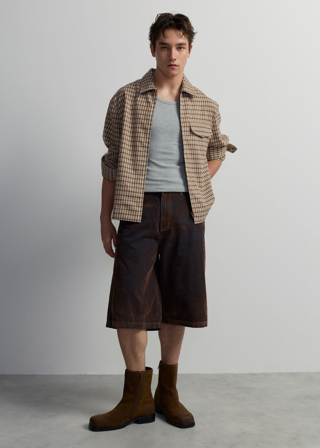 BLUE JORTS WITH BROWN VELVET EFFECT