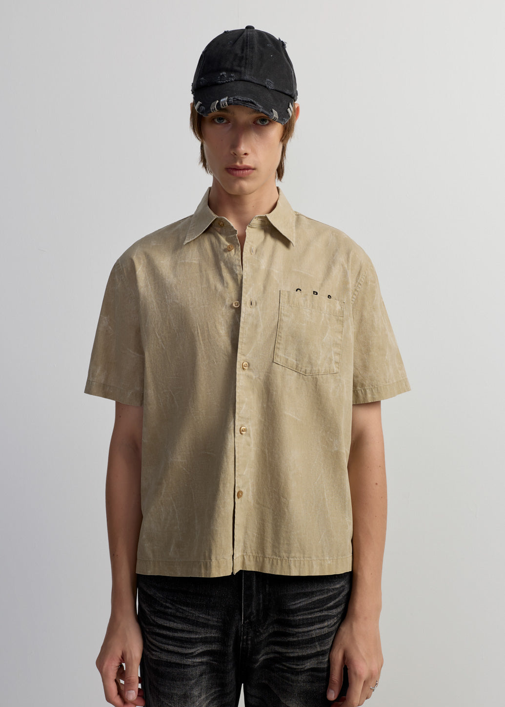 BROWN WASHED EMBROIDERY LOGO SHIRT