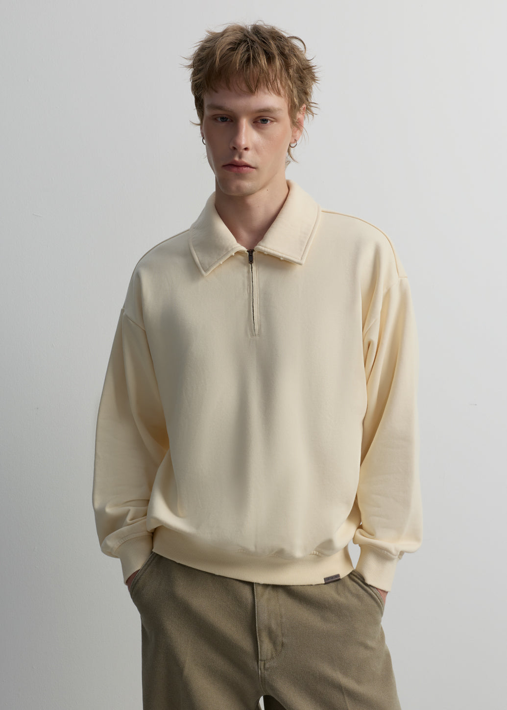 BEIGE QUARTER-ZIP COLLARED SWEATSHIRT