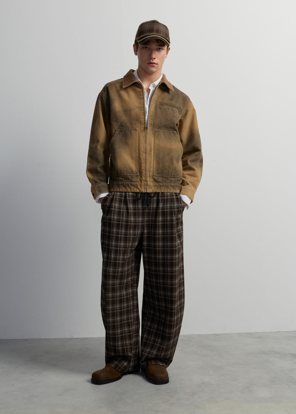 BROWN CHECKED DRAWSTRING BALLON PANTS