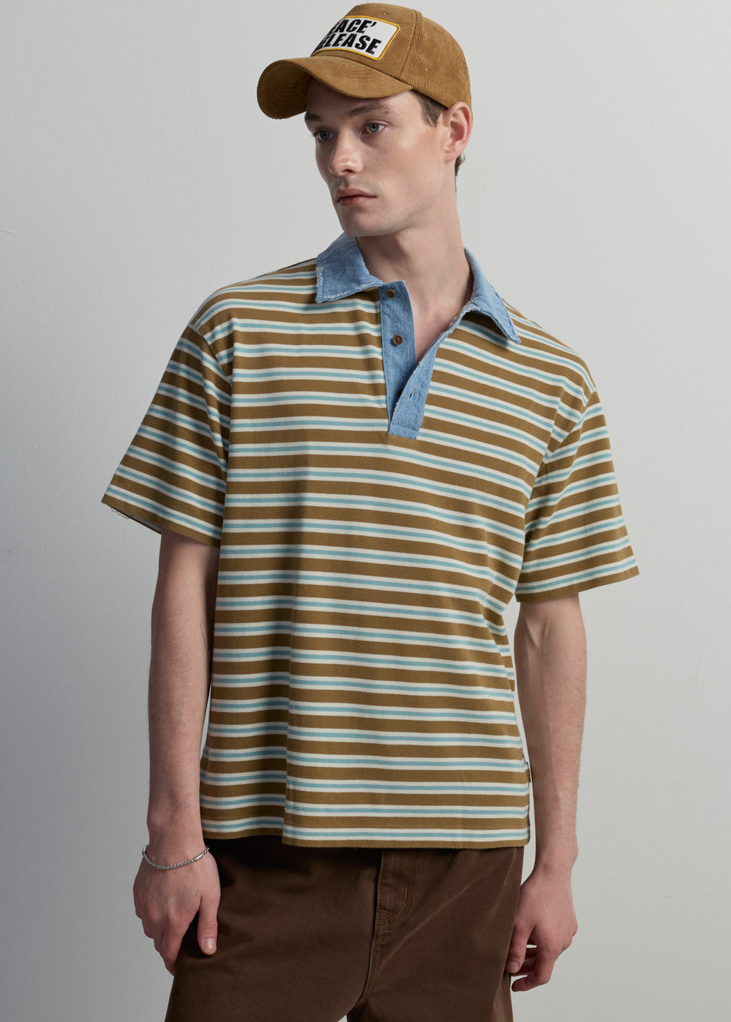 เสื้อโปโลลายทางคอปกผ้ายีนส์