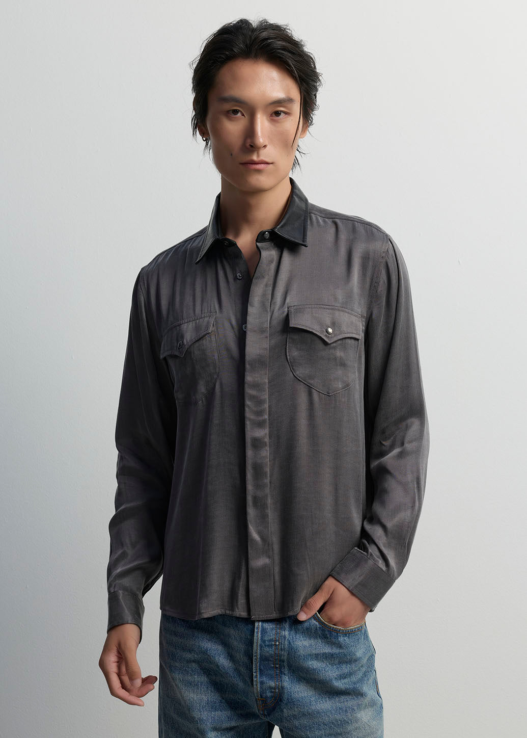 LEATHER COLLAR SHIRT