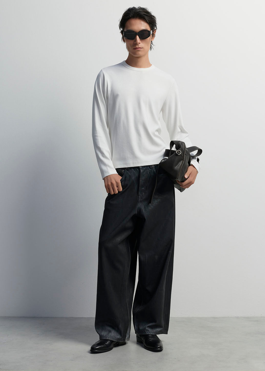 DISTRESSED RIB KNIT LONG-SLEEVE TEE