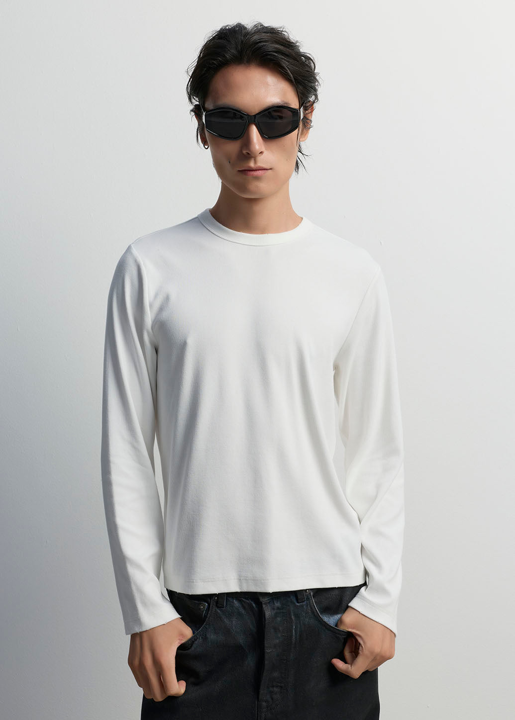 DISTRESSED RIB KNIT LONG-SLEEVE TEE