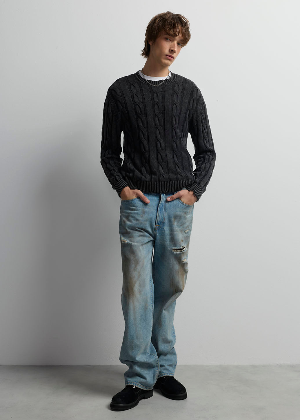 WASHED CABLE KNIT RAW EDGE SWEATER