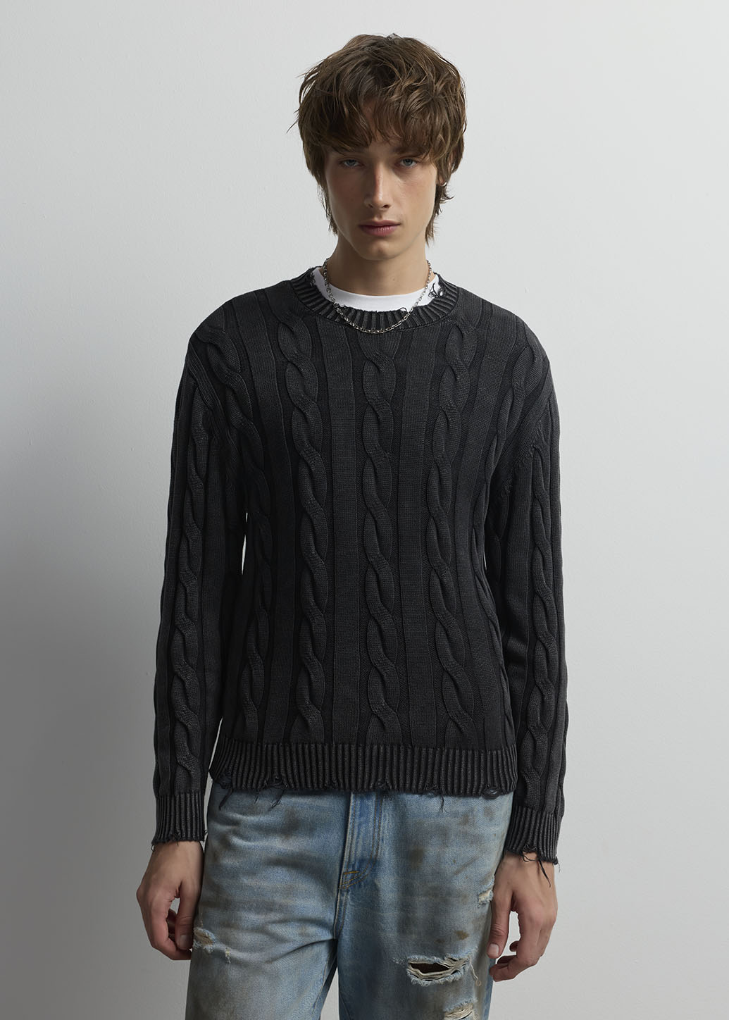 WASHED CABLE KNIT RAW EDGE SWEATER