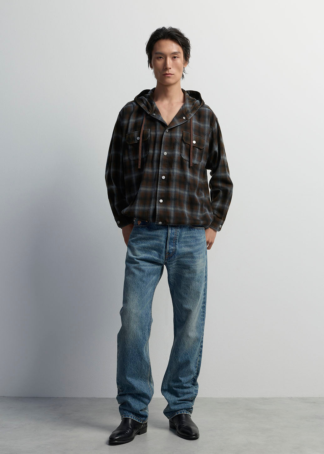 HOODED CHECK OVERSIZED SHIRT