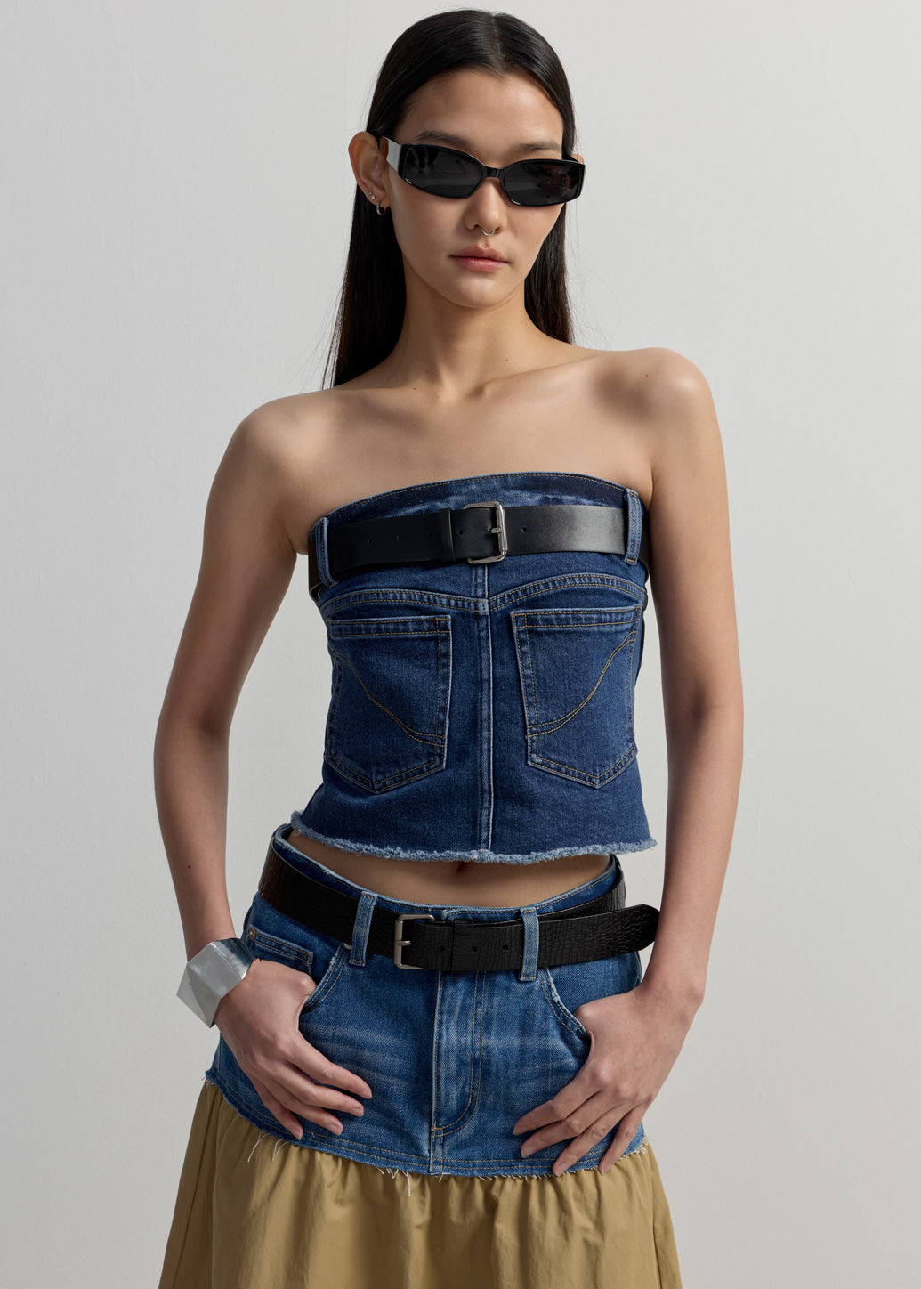 BELTED DENIM TUBE TOP