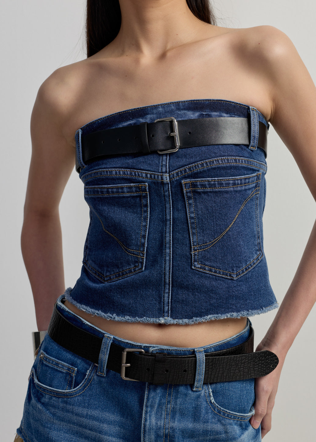 BELTED DENIM TUBE TOP