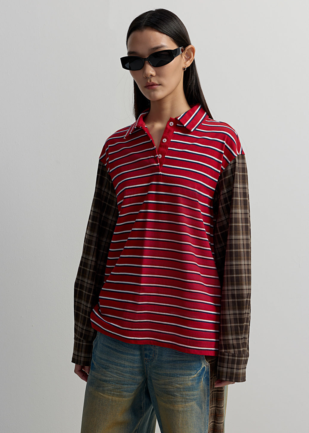 CONTRAST CHECKED SLEEVE POLO SHIRT