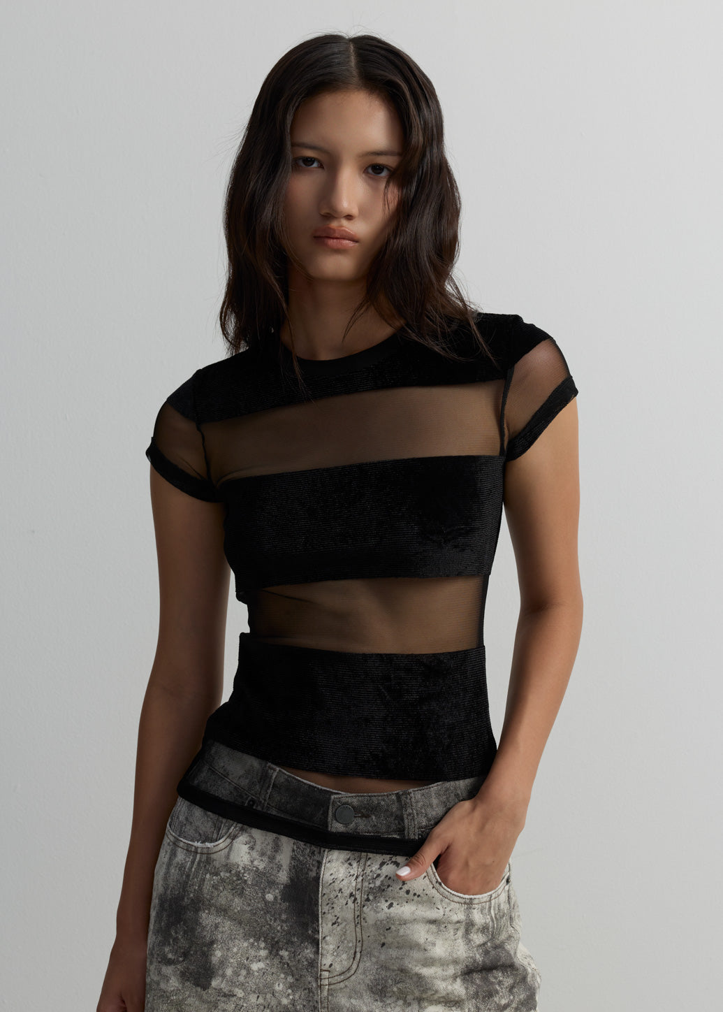 STRIPED MIXED MEDIA SHORT-SLEEVE TOP