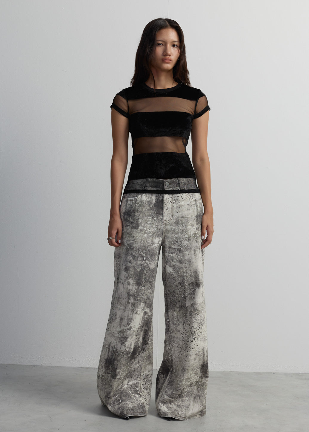 STRIPED MIXED MEDIA SHORT-SLEEVE TOP