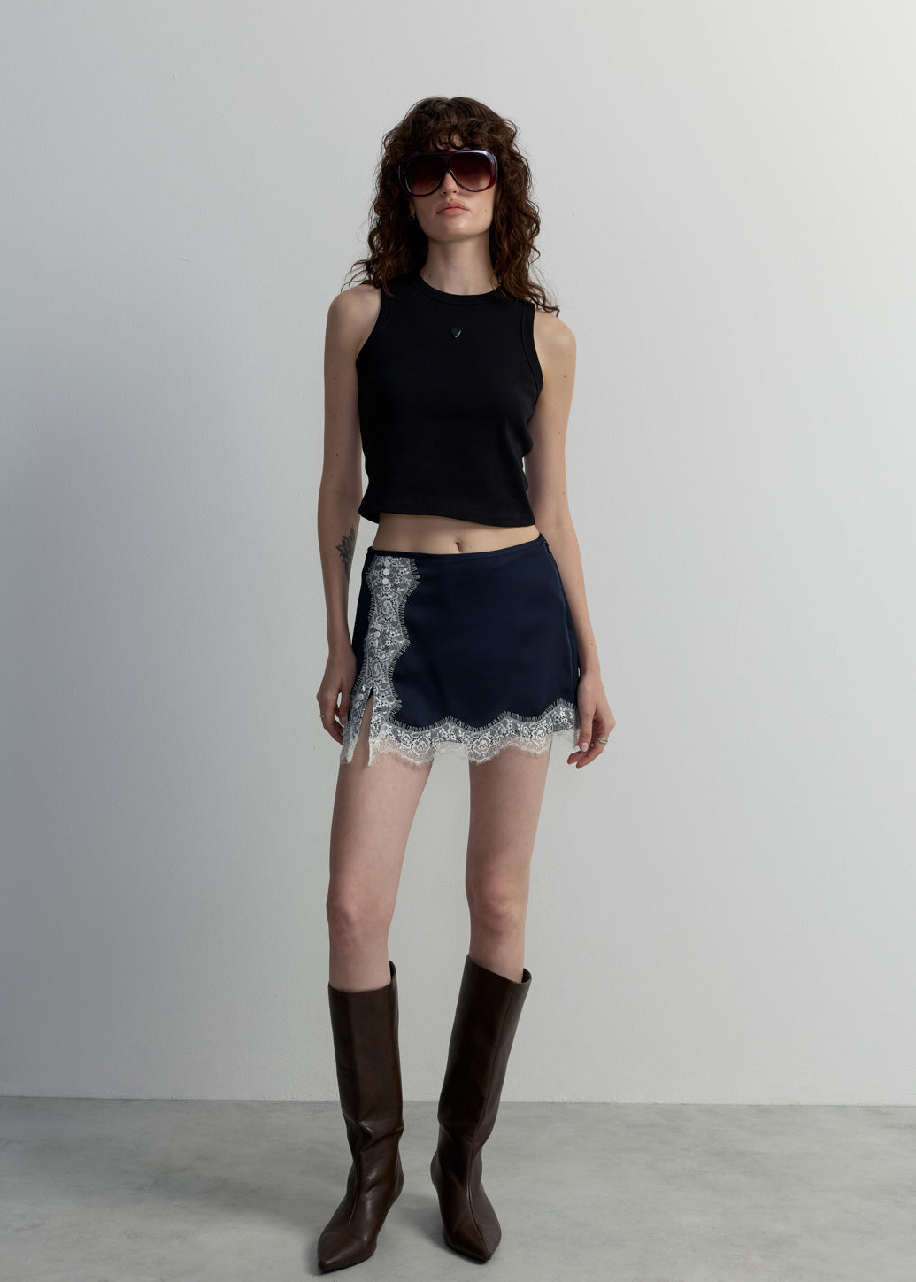 NAVY SATIN LACE MINI SKIRT