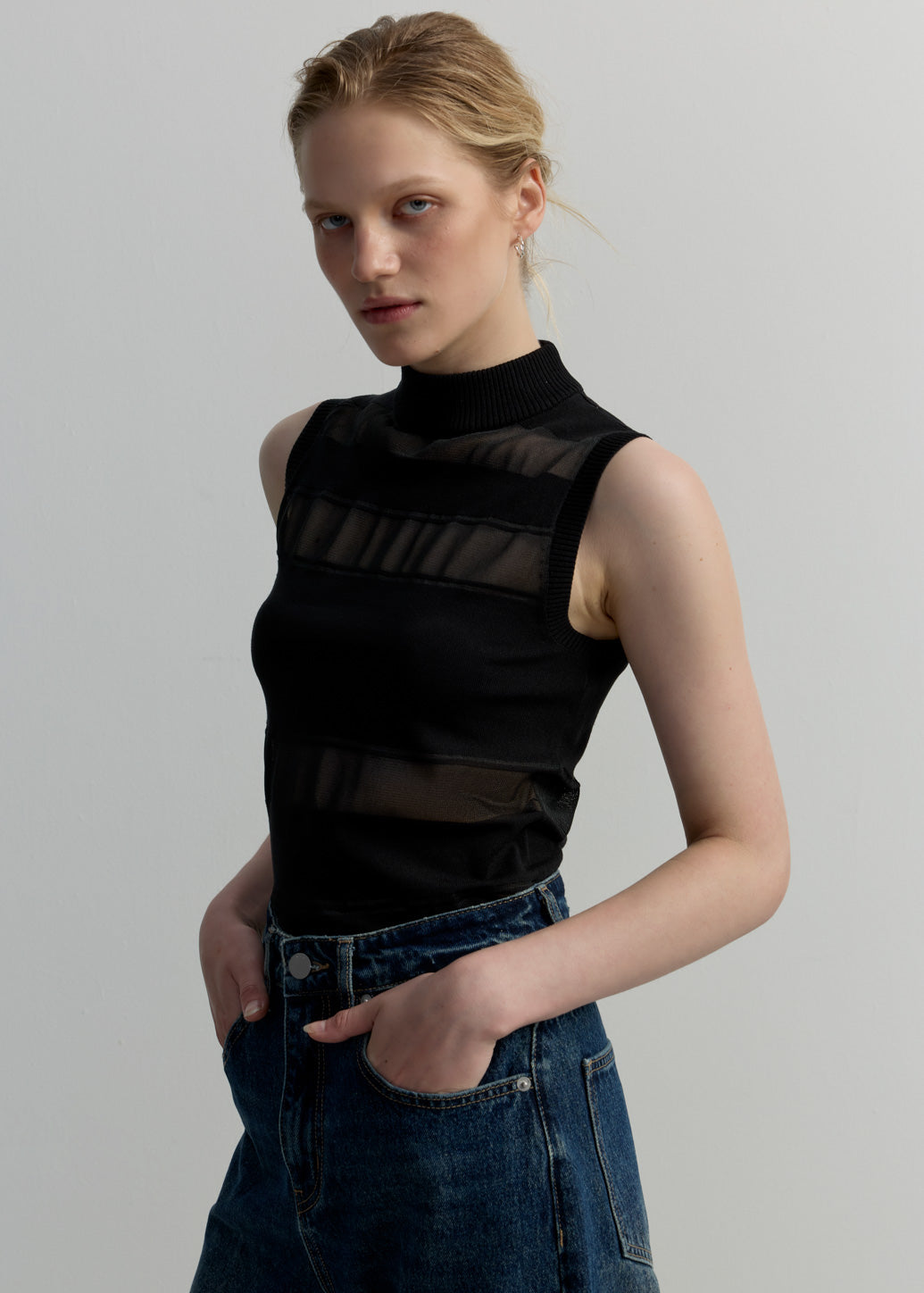 STRIPED KNIT MOCK NECK TANK TOP