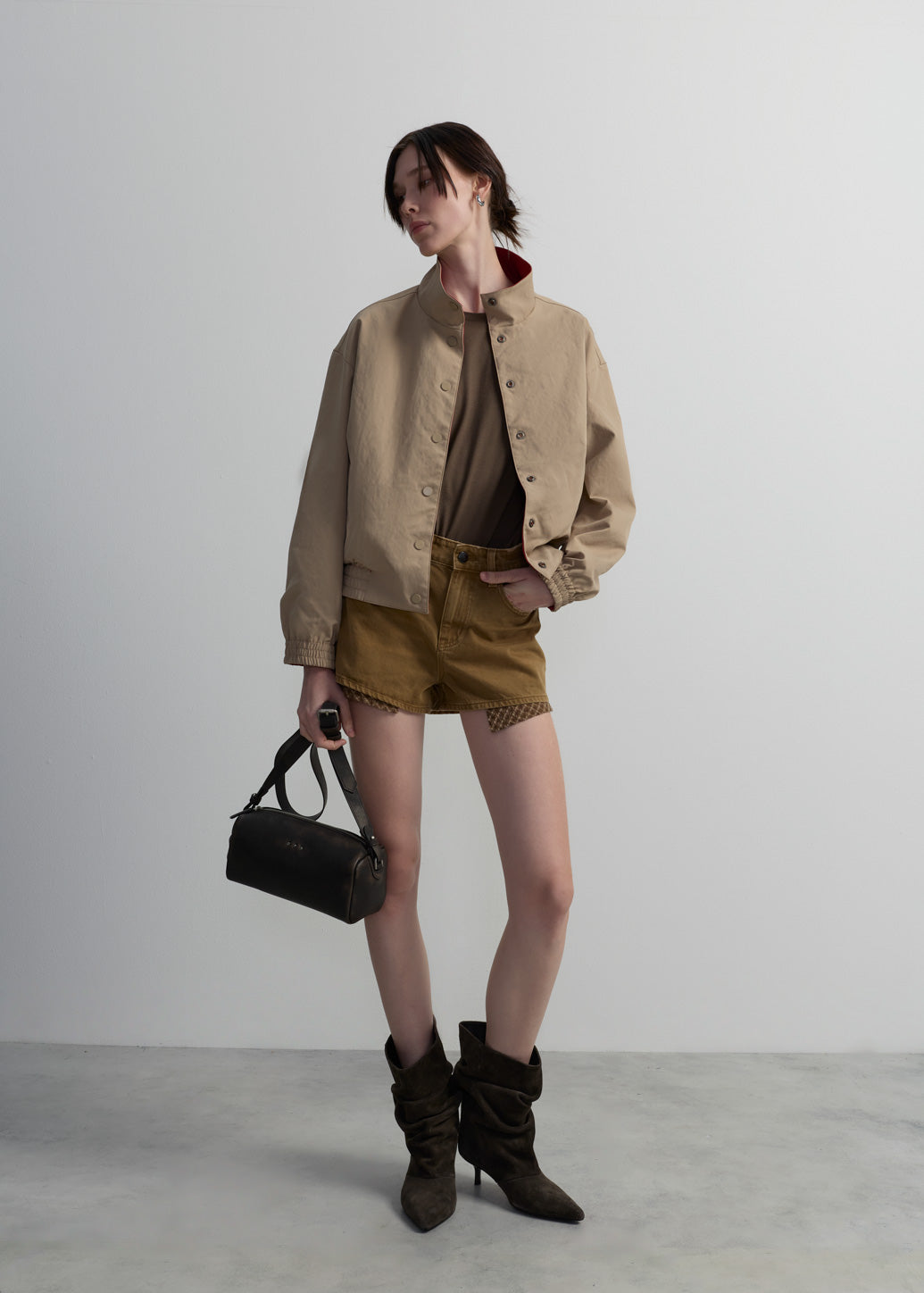 BROWN CHECKED POCKET DENIM SHORTS
