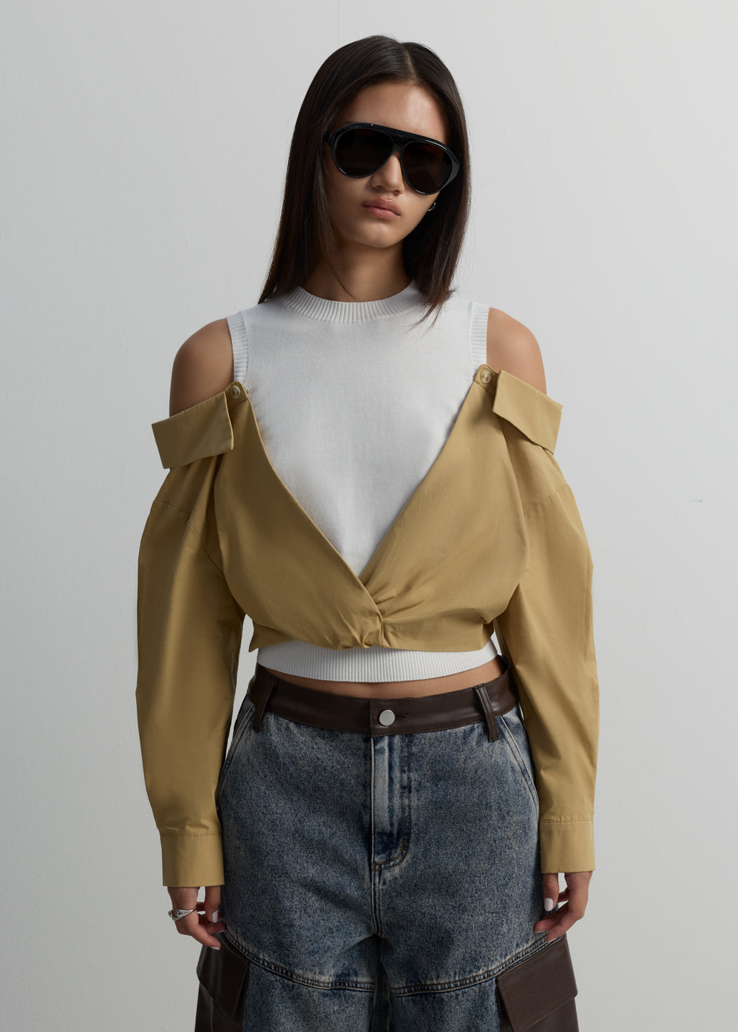 COLD-SHOULDER LAYERED KNIT TOP