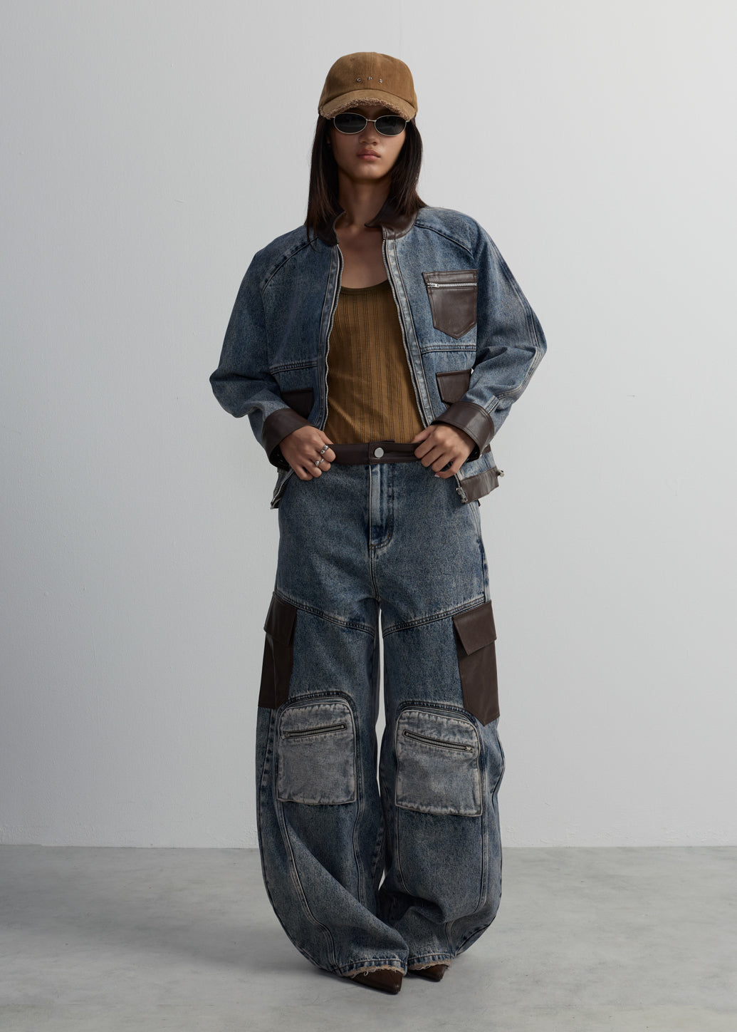 LEATHER PANELED WIDE-LEG JEANS