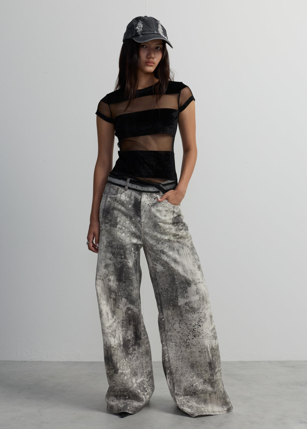 DISTRESSED BLEACH-PRINT WIDE-LEG JEANS
