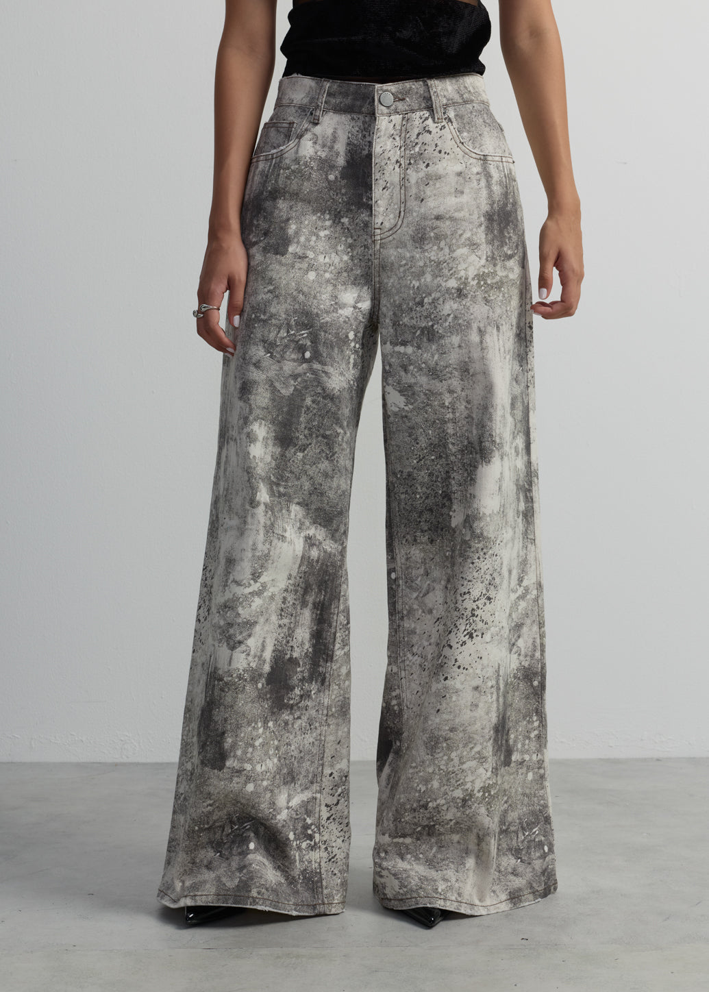 DISTRESSED BLEACH-PRINT WIDE-LEG JEANS