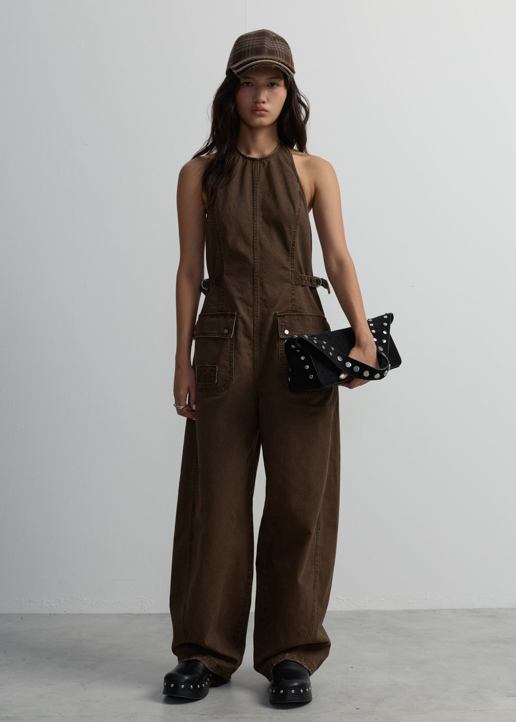 BROWN HALTER JUMPSUIT