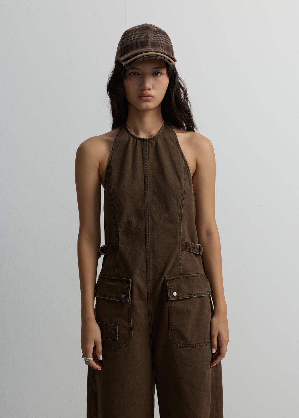 BROWN HALTER JUMPSUIT
