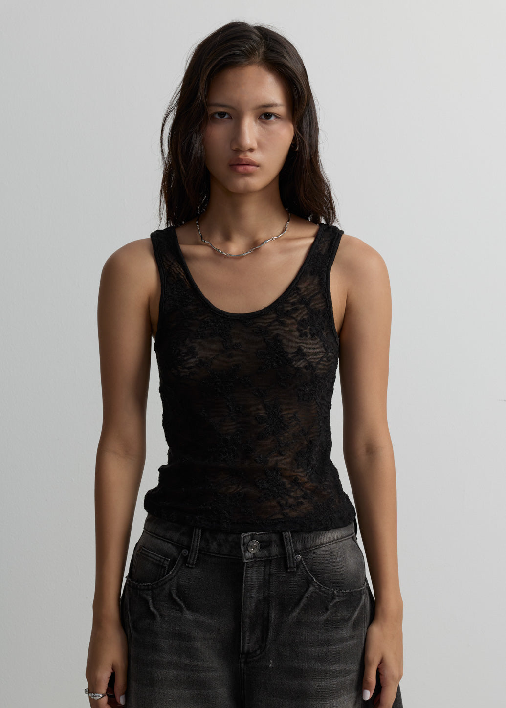 LACE FITTED SHEER TANK TOP