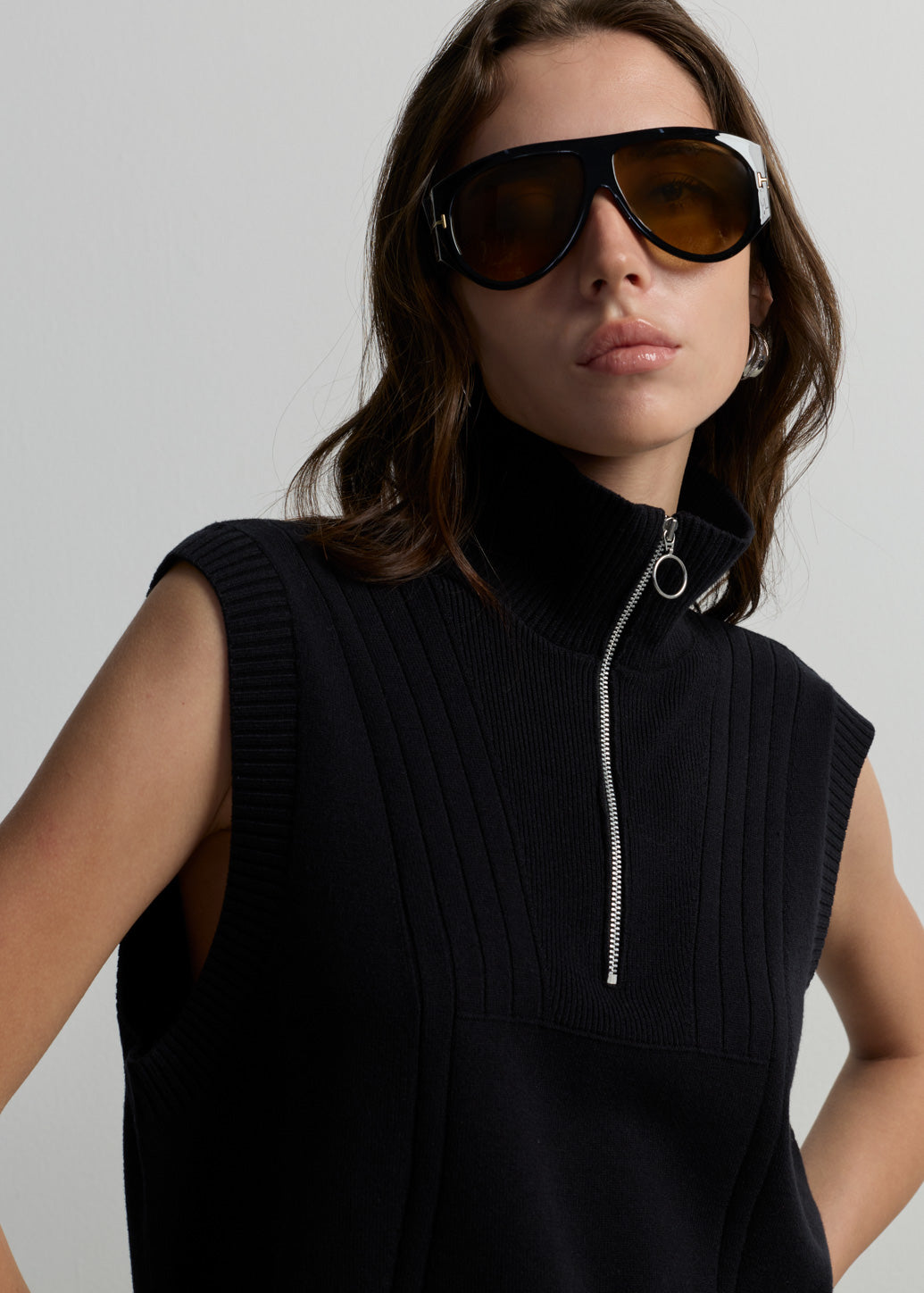 QUARTER-ZIP SLEEVELESS KNIT TOP