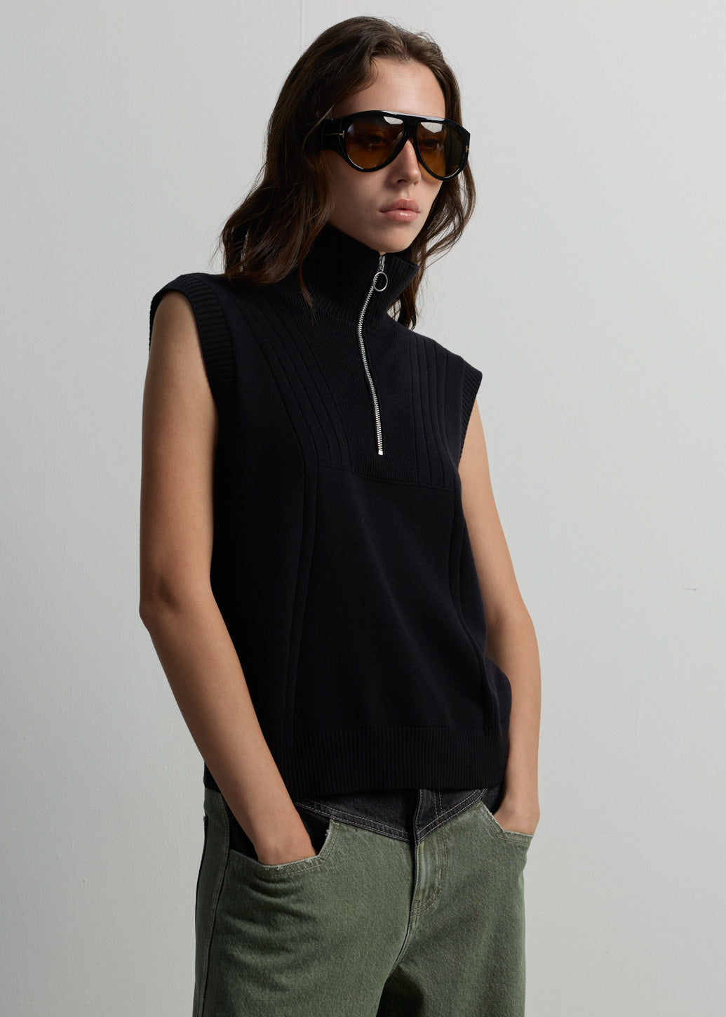 QUARTER-ZIP SLEEVELESS KNIT TOP