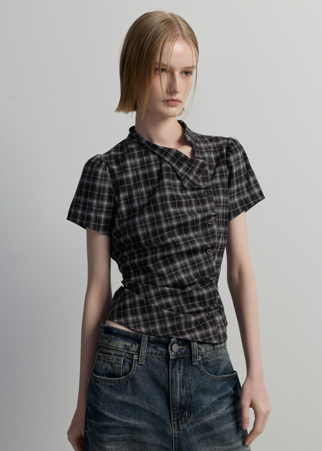PLAID CROSSOVER BLOUSE