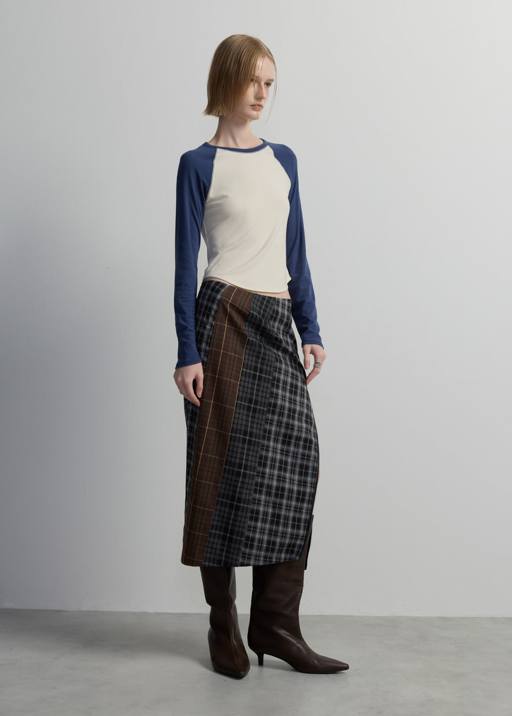 PATCHWORK PLAID PENCIL SKIRT