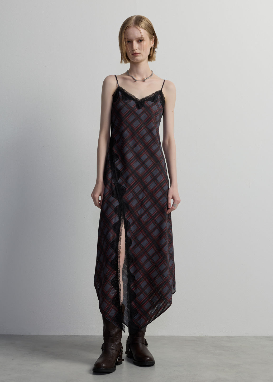 ASYMMETRIC PLAID MIDI DRESS