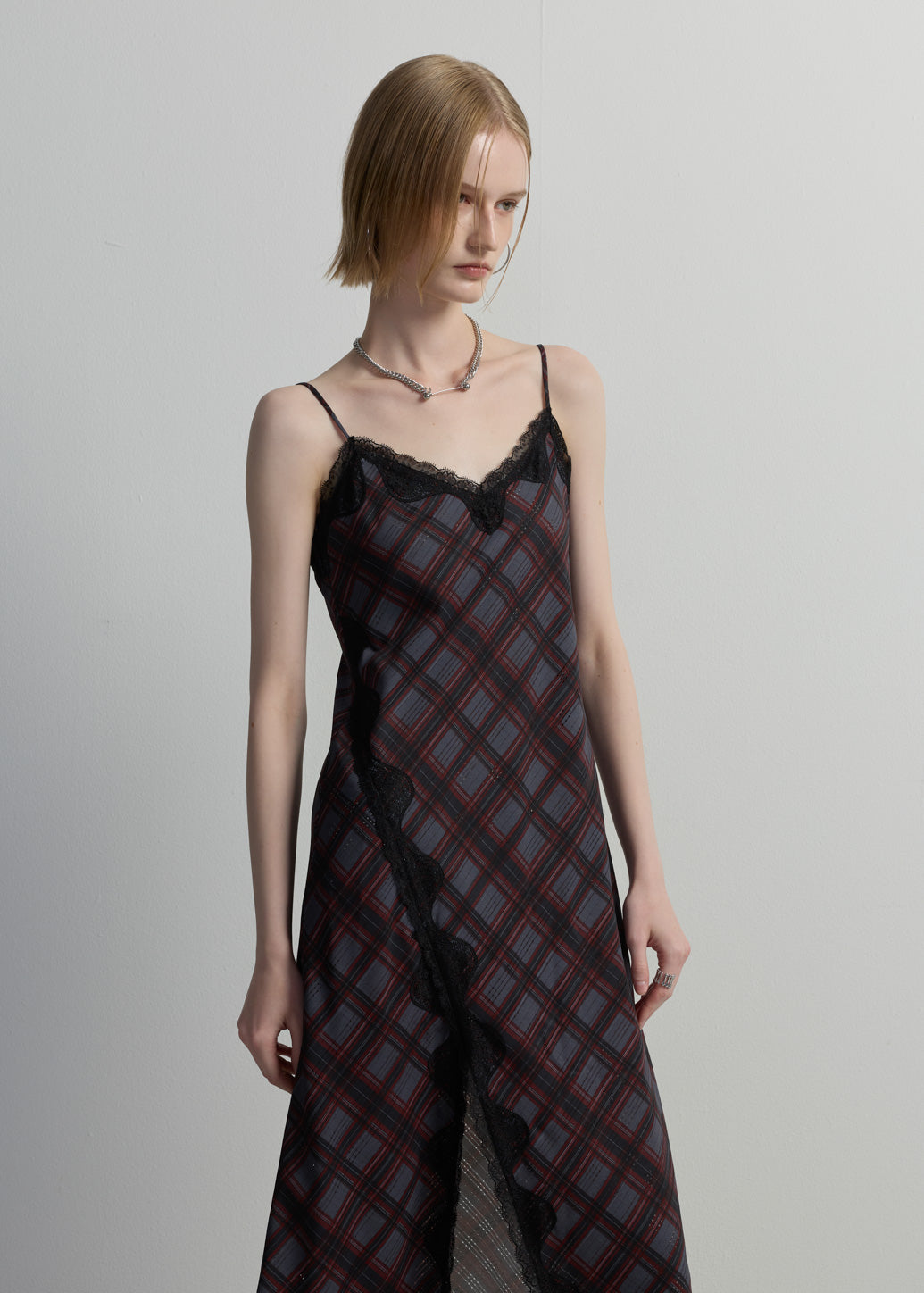 ASYMMETRIC PLAID MIDI DRESS