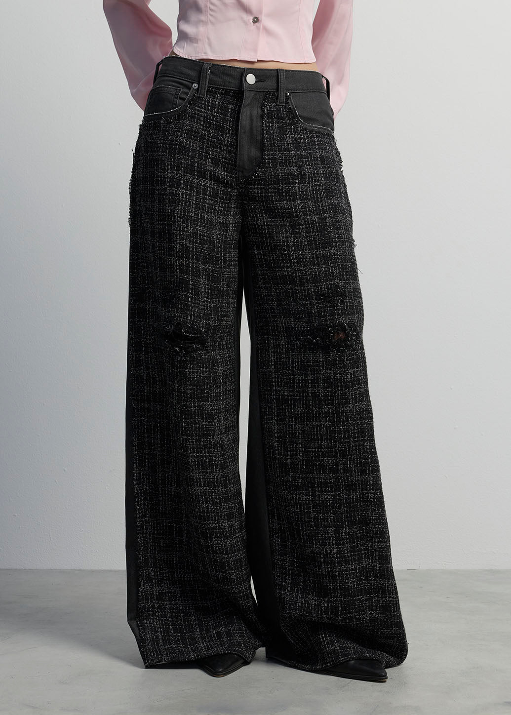 TWEED DENIM DISTRESSED WIDE-LEG JEANS