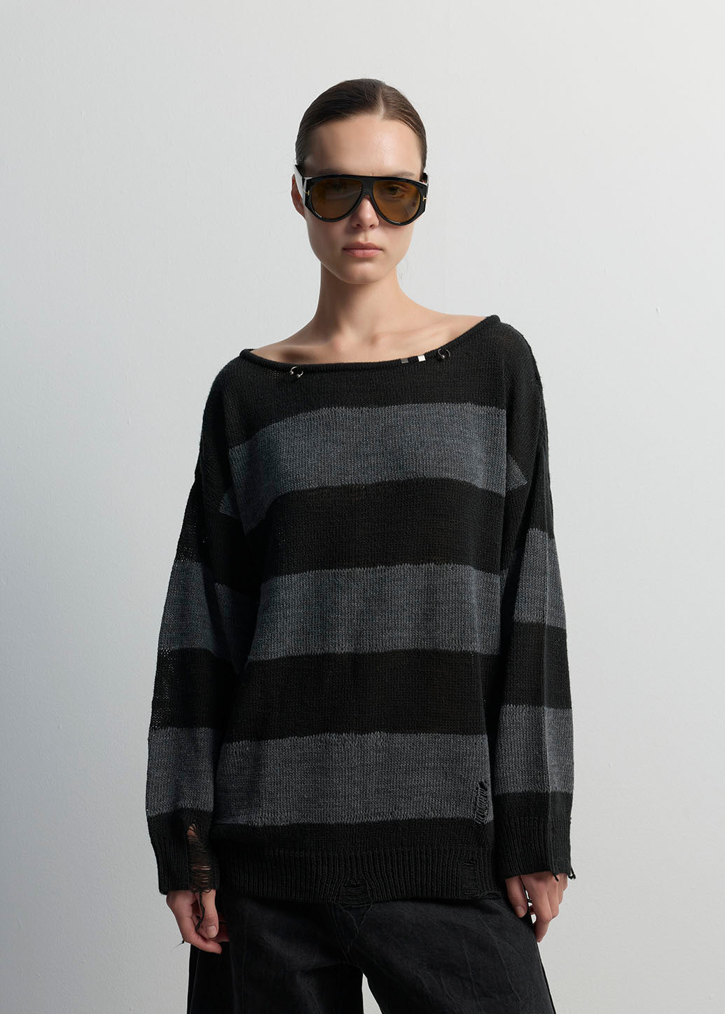 STRIPED DISTRESSED KNIT SWEATER