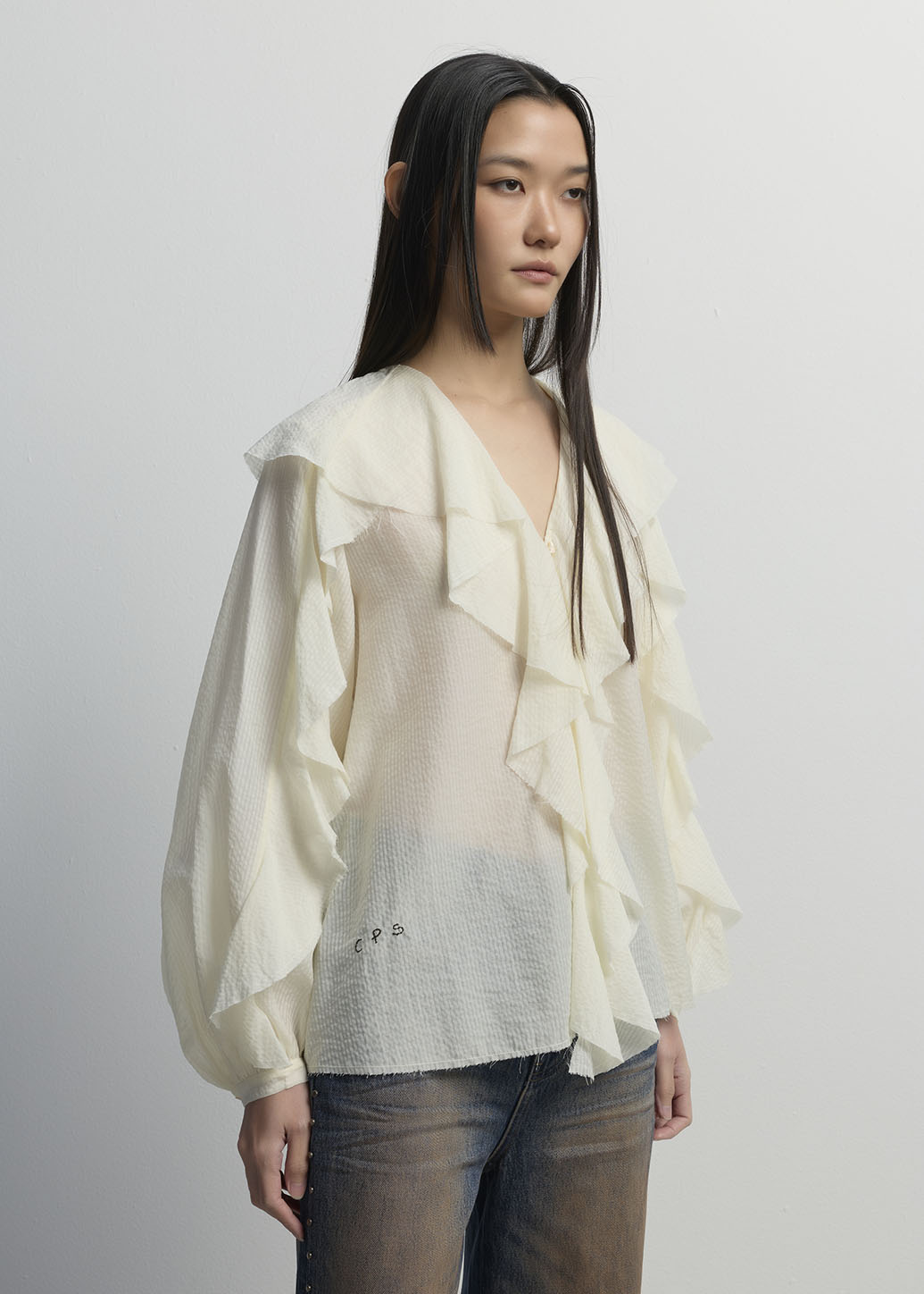 RUFFLED OVERSIZED LONG SLEEVE BLOUSE