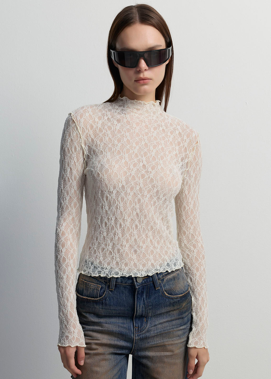 SHEER TEXTURED HIGH-NECK PULLOVER