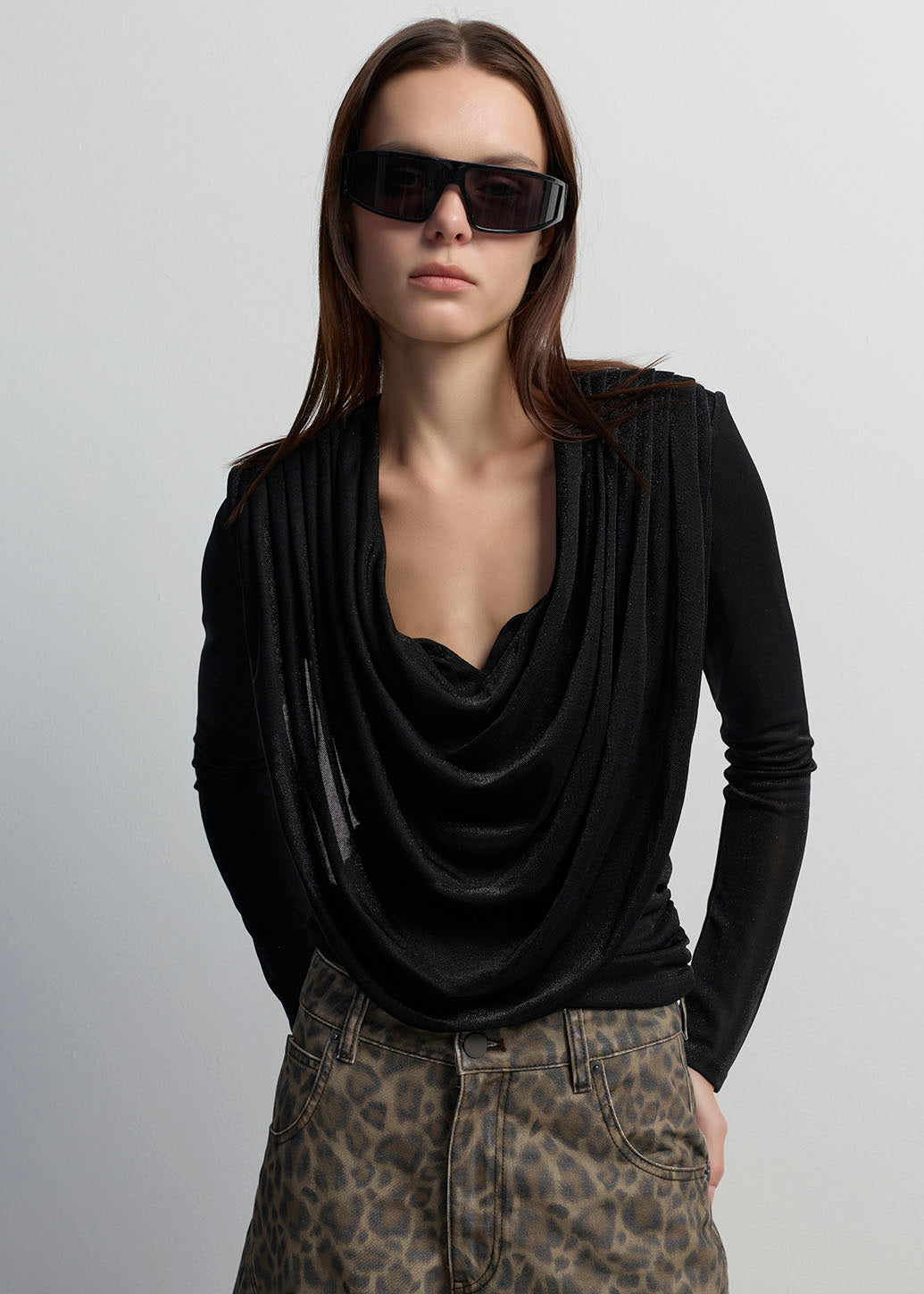 SHIMMERING COWL-NECK LONG SLEEVE BLOUSE