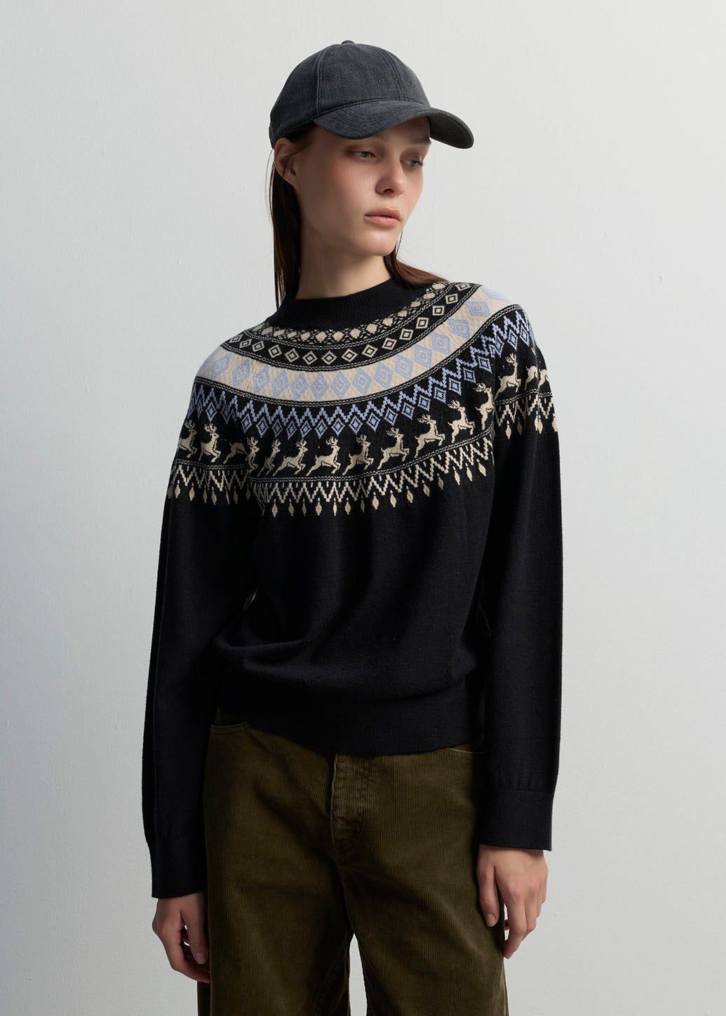 FAIR ISLE REINDEER PATTERN KNIT SWEATER