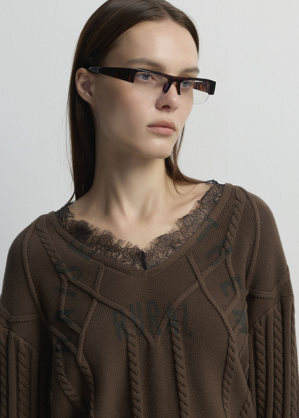 LACE TRIM CABLE KNIT SWEATER