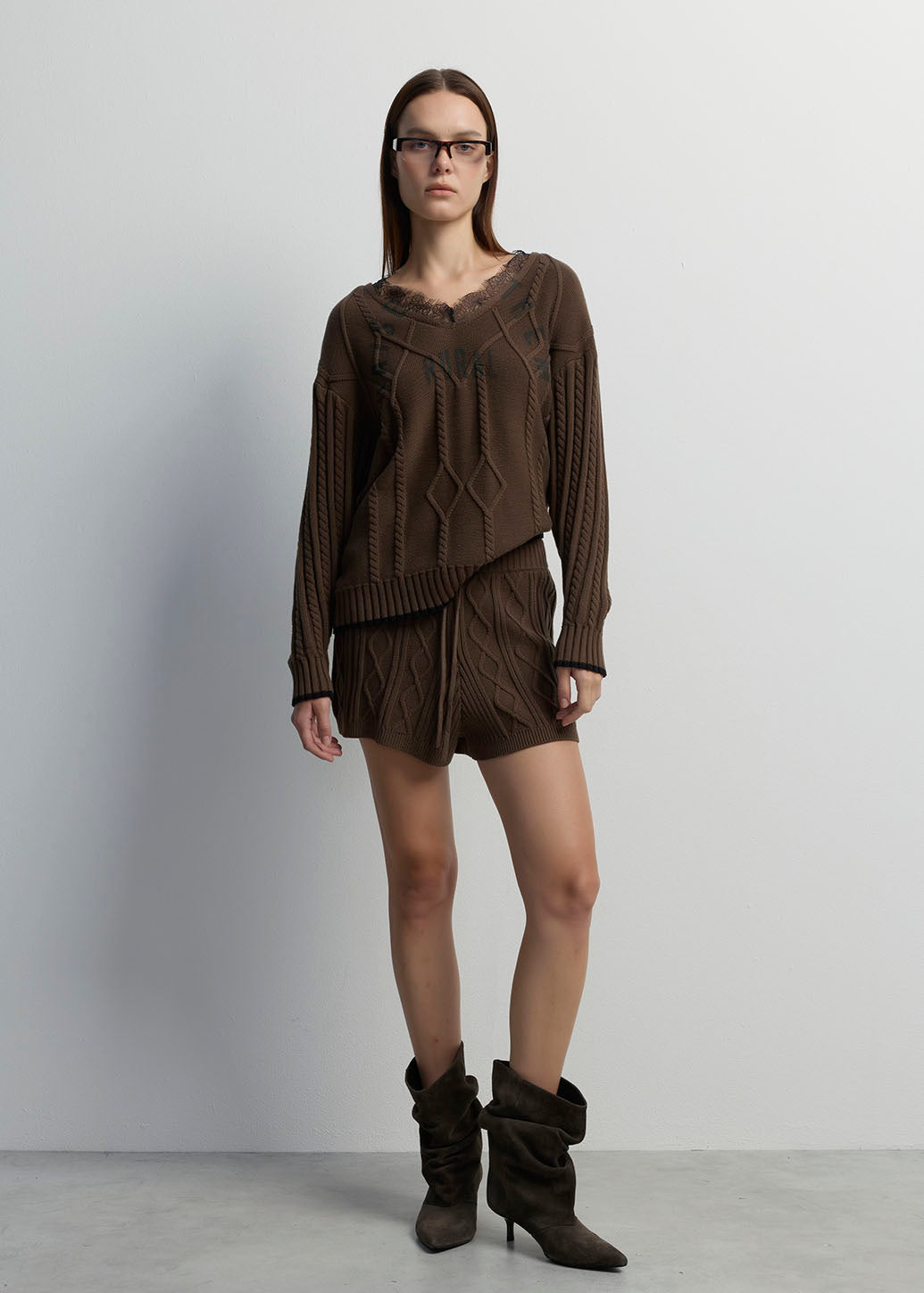 LACE TRIM CABLE KNIT SWEATER
