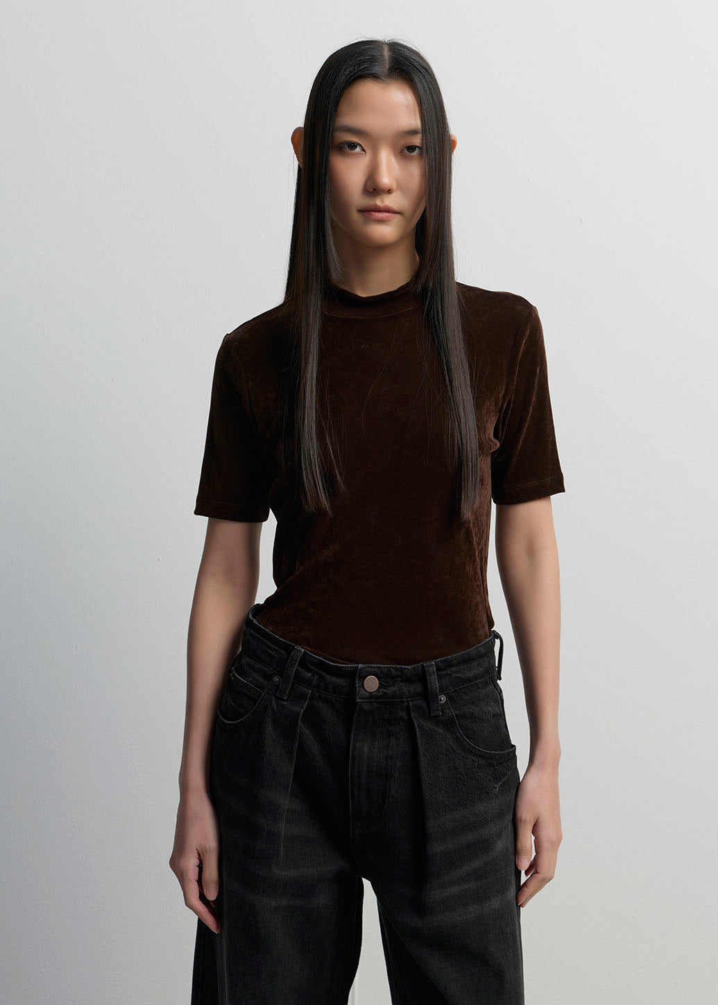 VELVET SHORT SLEEVE FITTED TURTLENECK